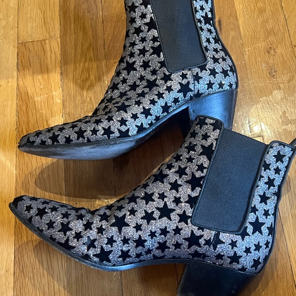 Saint Laurent Women Black Silver Glitter Suede Stars Ankle Cowboy Boot - Picture 5 of 11